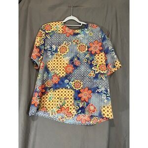 Modern Essentials Womens XL Floral Short Sleeve Blouse Multi-Color Blue